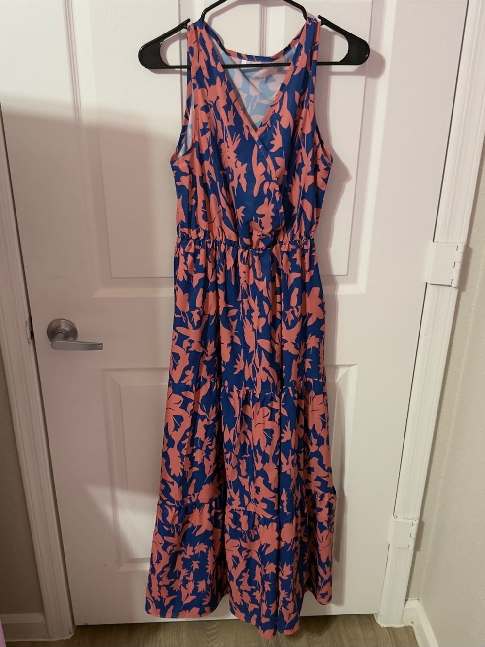 Amazon Blue and Coral Floral Wrap-Style Maxi Dress